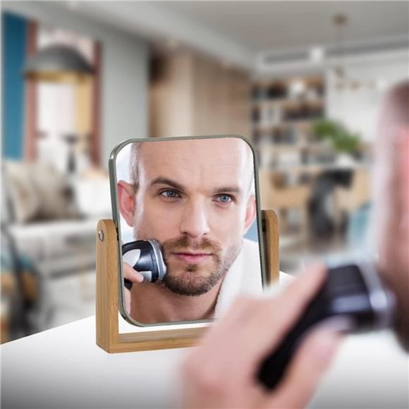 2 Sided 3X Magnifying Makeup Mirror with Bamboo Stand,Small Desk Table Mirror - Picture 3 of 5